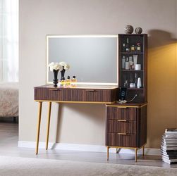 ✨ Modern Walnut Vanity Desk Set with LED Mirror ✨