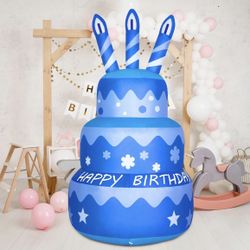 Birthday Inflatables Outdoor Decorations Cake with Candle, Happy Birthday Blow Up Yard Decorations 5.5FT with Colorful Rotating LED Lights for Party Y