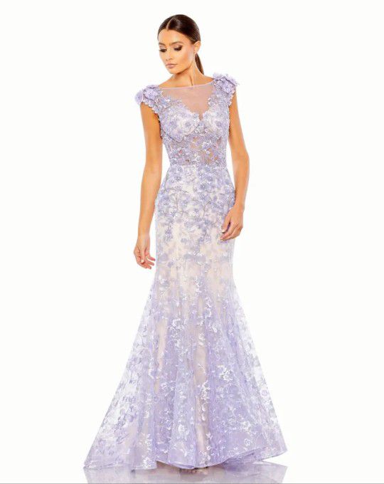 Mac Duggal 79357 Embellished Cap Sleeve Cowl Neck Trumpet Gown Lilac Nude Size 8