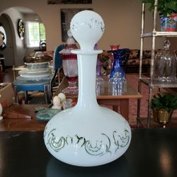 Antique 1800's Victorian Hand Blown Hand Painted Dithridge or Milk
Glass Vanity Barbers Bottle With Matching Lid!
