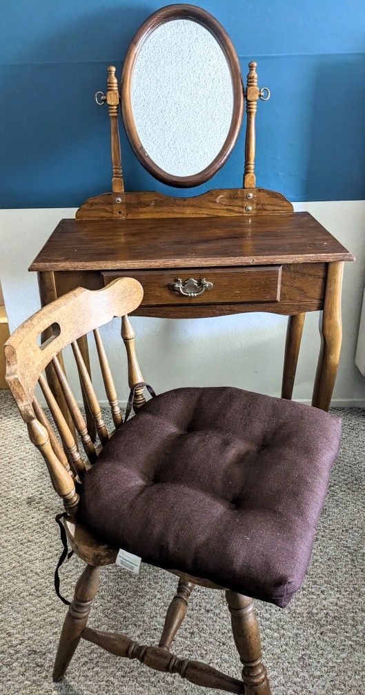 Wood Vanity And Chair With Cushion 