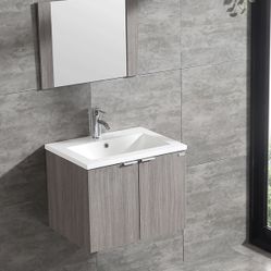 24 Inch Wall Mount Bathroom Vanity Single Wood Cabinet + (without Undermount Sink Basin + Faucet)