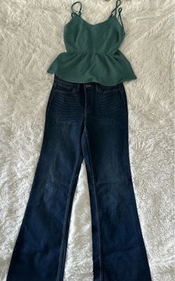 New Green Top and New Calvin Klein Dark Wash Flare Jeans