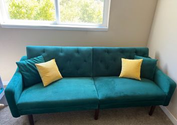 Teal Velvet Convertible Futon Sofa Bed w/ Accent pillows