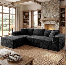 103" Boneless Couches for Living Room with 2 Cup Holders,L Shaped Modular Sectional Sofa Set,No Assembly Needed Plush Corduroy Living Room Set,Black