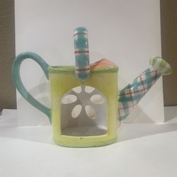 Watering Can Ceramic Tealight Candle Holder Cutout Flower Teal Plaid Multicolor