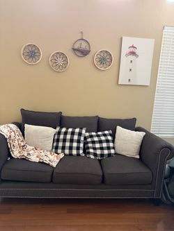 Dark Gray Fabric Sofa with Nailhead Trim