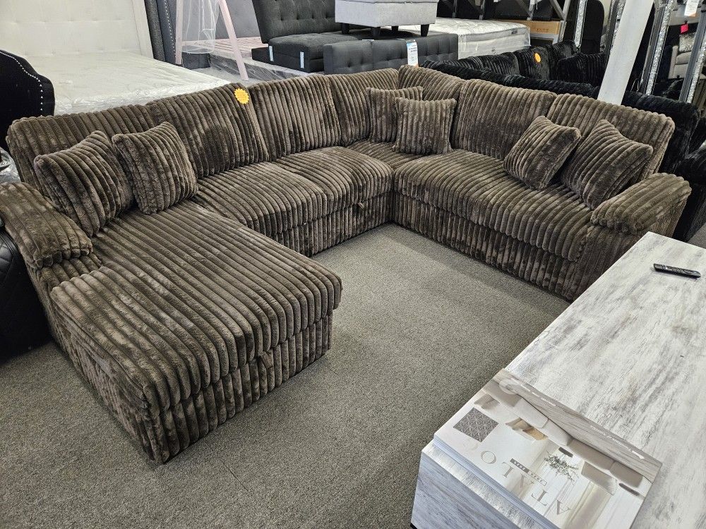 Fathers Day Sectional Corduroy Fabric Brown With Pull Out Bed & Storage Chaise $1399