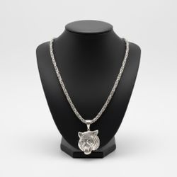 Sterling 925 Thick Suarti Byzantine Necklace With Tiger Pendant 