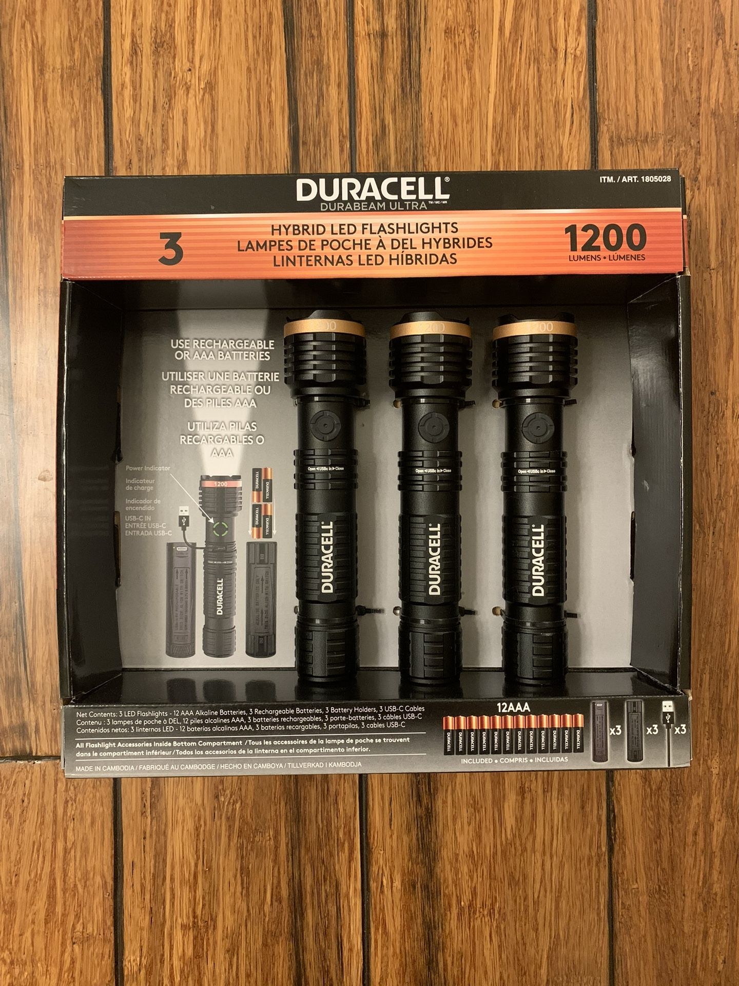 Duracell Ultra Hybrid LED Flashlights 1200 Lumens Rechargeable or AAA, 3 Pack