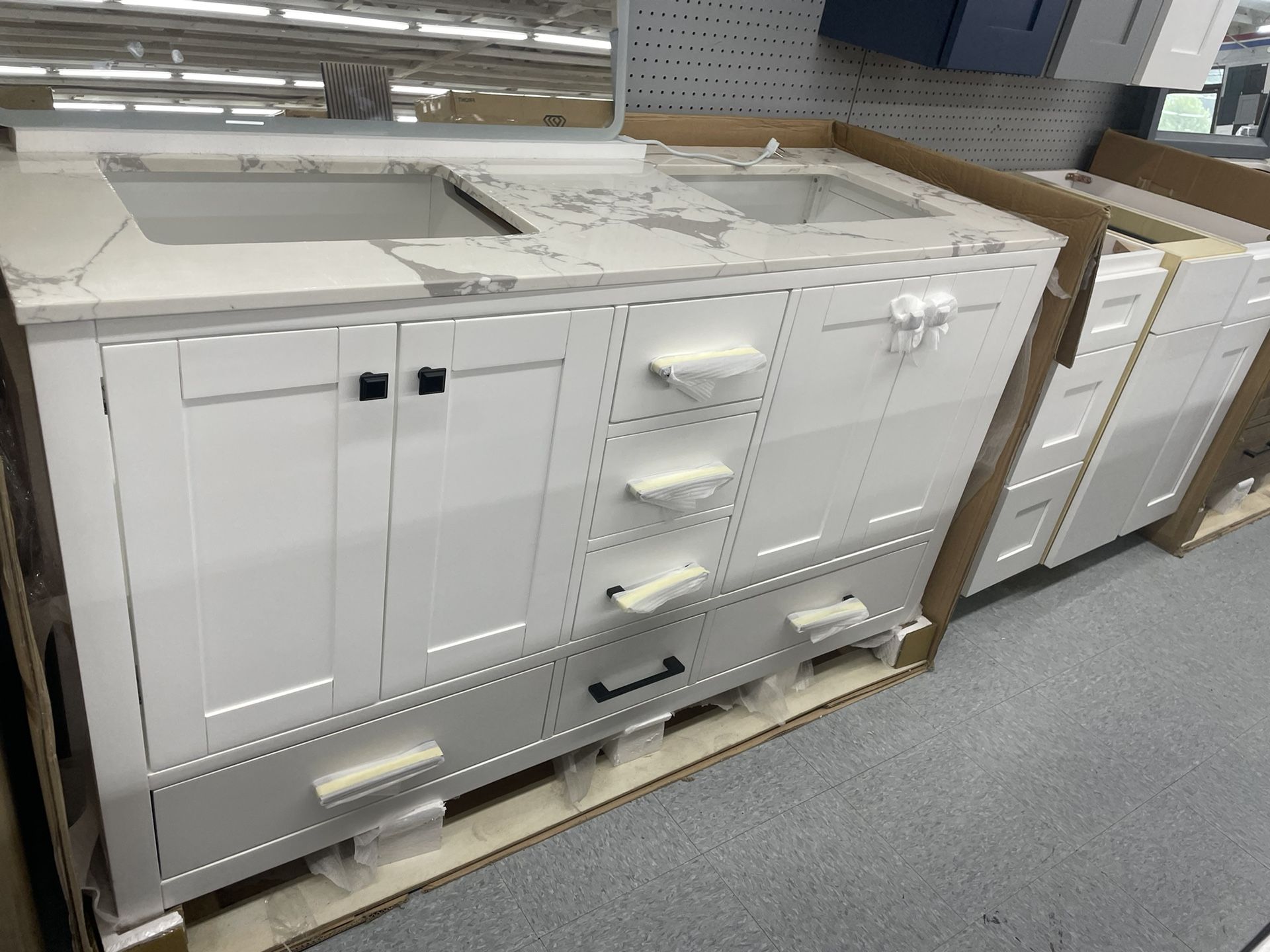 Bathroom vanity cabinet 60” solid mango Quartz top with sinks and backsplash
