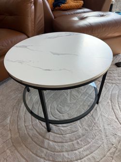 Round Coffee Table Marble Top Black Metal Base
