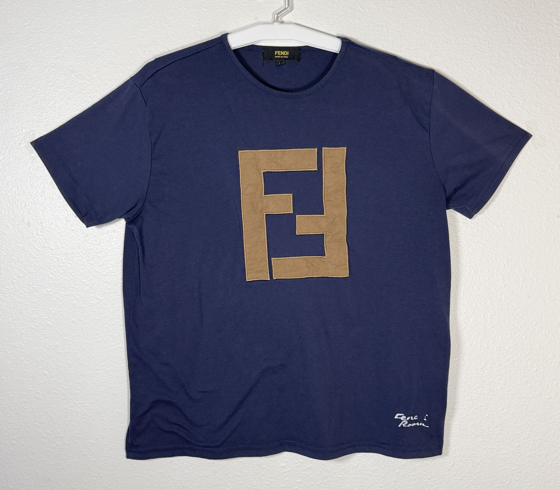Fendi Men Forever Fendi Roma FF Logo Shirt Large Blue Brown Cotton Short Sleeve