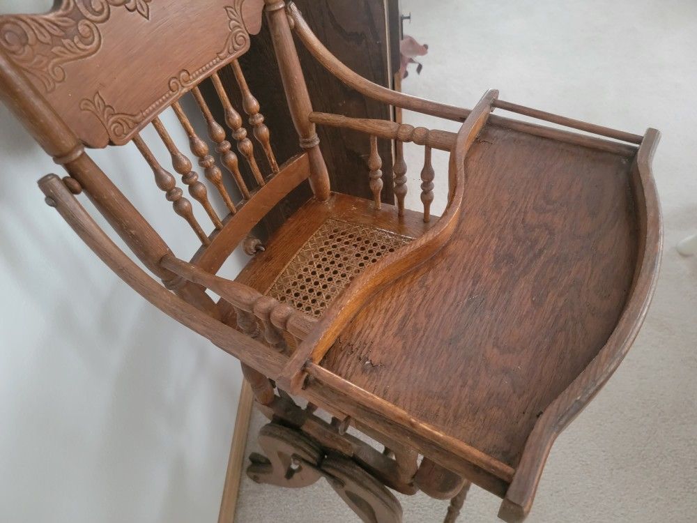 1800s  Wooden High Chair With Wheels