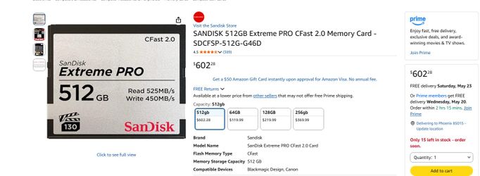 SANDISK 512GB Extreme PRO CFast 2.0 Memory Card - SDCFSP-512G-G46D