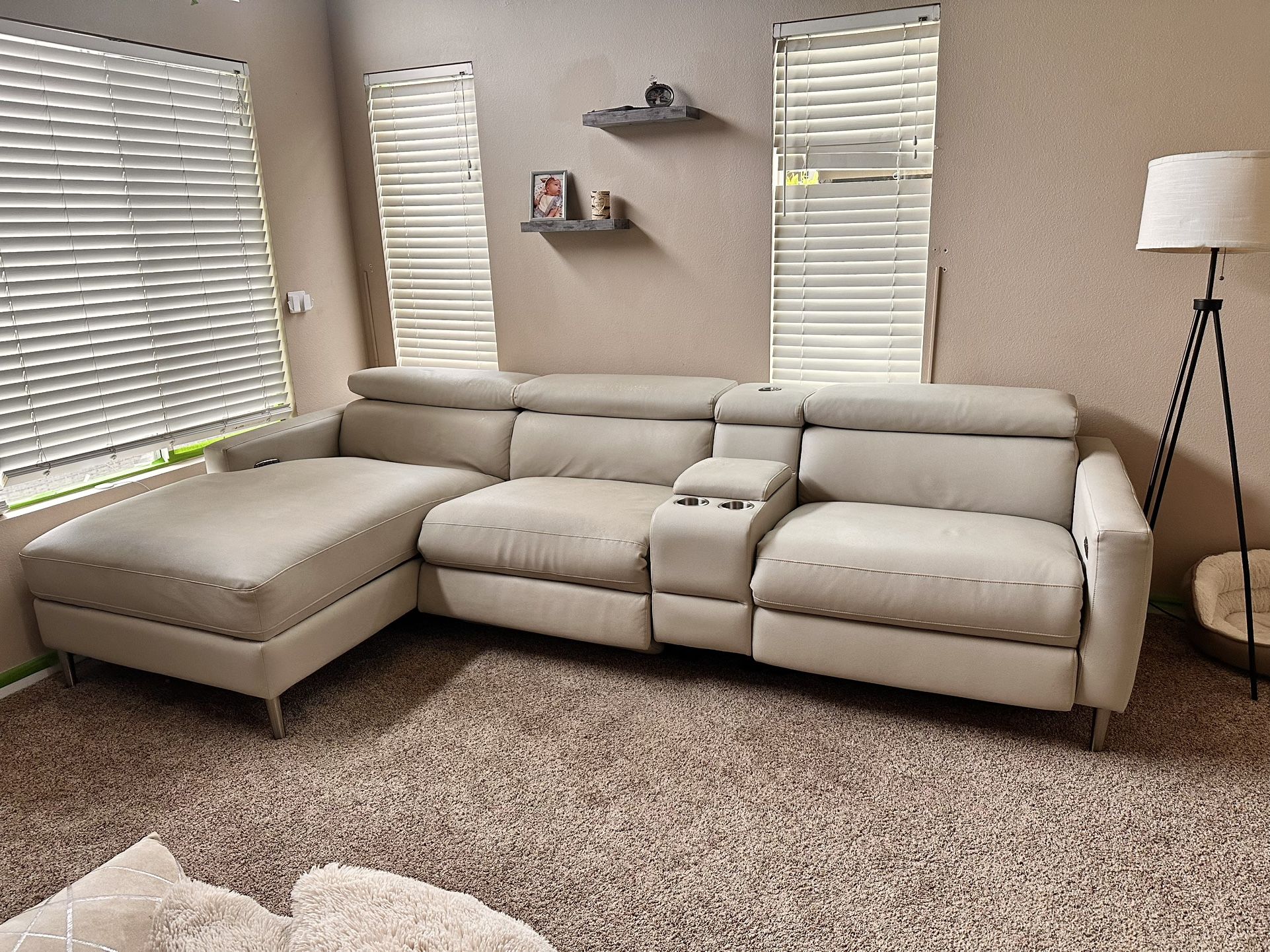 Used White/Grey Leather Power Reclining Couch – Great Condition