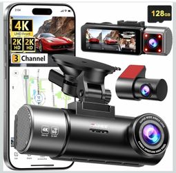 Cámara de tablero de 3 canales 4K+2K+2K frontal y trasera, tarjeta de 128 GB incluida, cámara de tablero para automóviles 5.8G/2.4G WiFi dual, GPS int