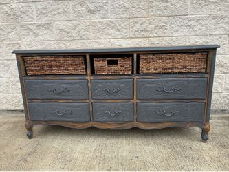 Vintage French Provincial 9 Drawer Dresser | Charcoal w/ Faux Antique Walnut Top | Solid Wood