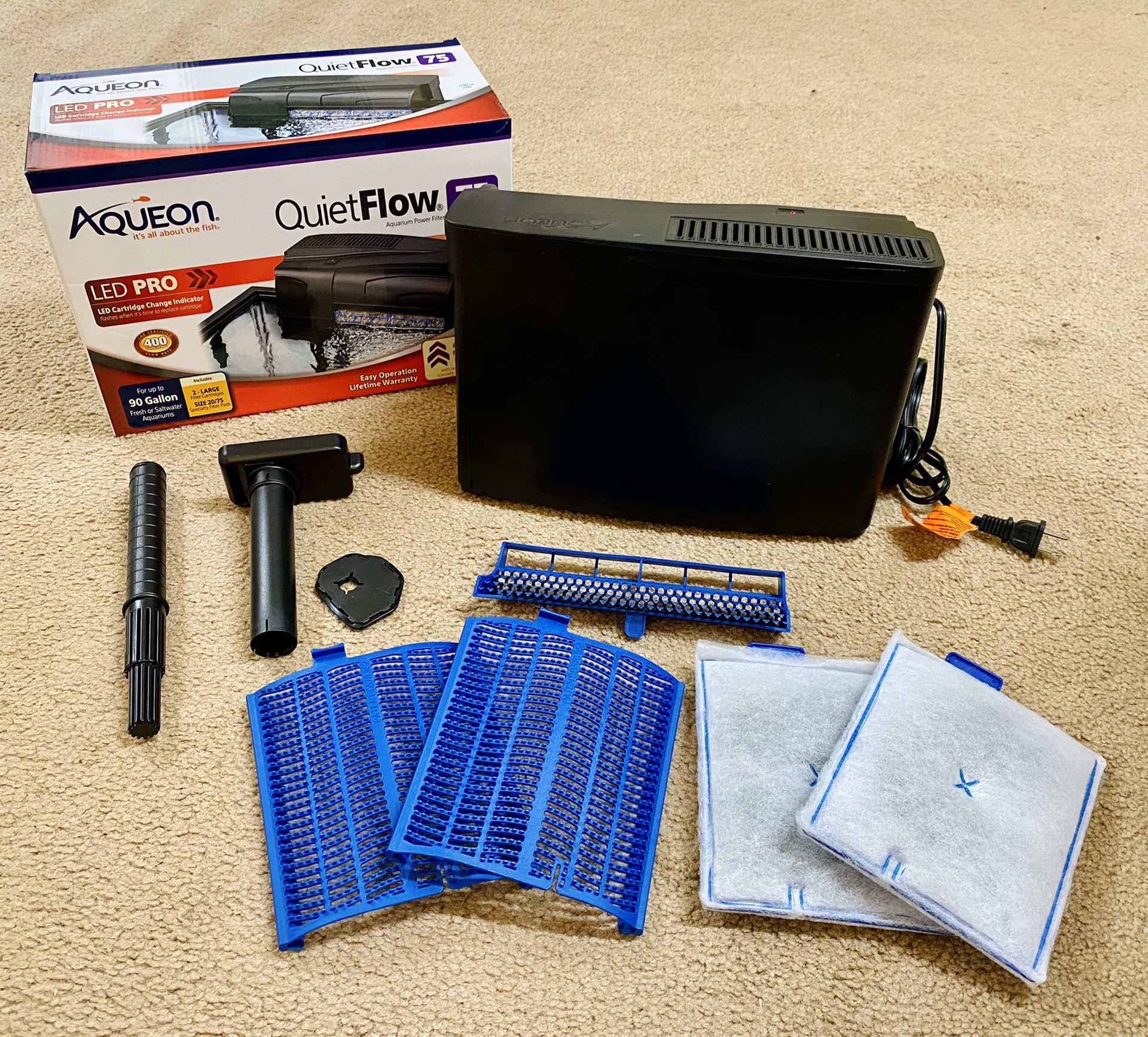 In Box Working Aqueon QuietFlow 75 LED Pro Cartridge Change Indicator 90 Gallon HOB Water Self-Priming, Very Quiet Filter & 2 New Filters Included Fo