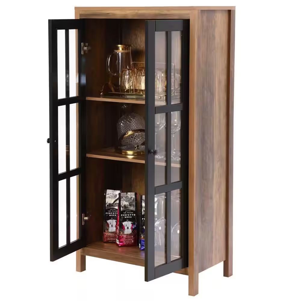 New Brown and Black Accent Storage Cabinet with Doors and Shelves