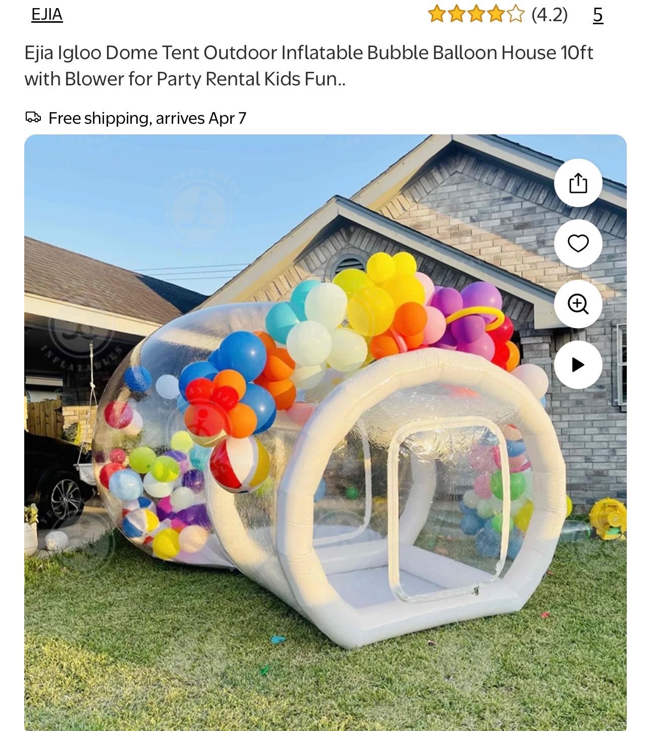Ejia Igloo Dome Tent Outdoor Inflatable Bubble Balloon House 10ft with Blower for Party Rental Kids Fun..