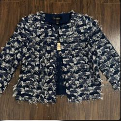 St. John Navy Silver Fringe Tweed Open Jacket