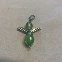 Handmade Angel Pendant, Green Stones, Silver Wings And Clasp