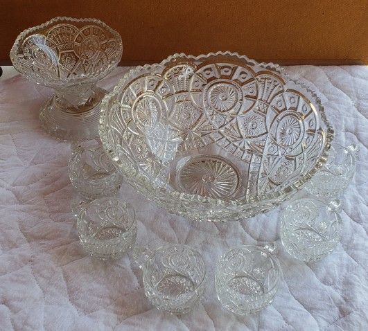 Vintage Cut Glass Punch Bowl with Six Cut Glass Cups (Now at Lower Price!)