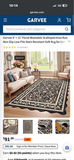 Garvee 9x12 Floral Washable Scalloped Area Rug