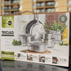 TOTALLY NEW + SEALED! GreenPan TriClad Stainless Steel Ceramic Nonstick 10 Pc Cookware Pots and Pans Set 