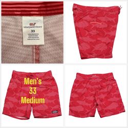 Men's Vineyard Vines 33 Swim Shorts Trunks Board Hybrid Red Pink Drawstring EUC