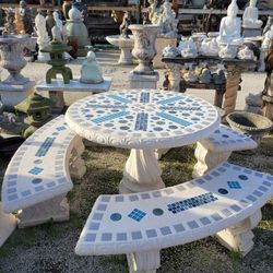 Concrete Stone Mosaic Picnic Table with 3 Benches/ Outdoor Patio Furniture