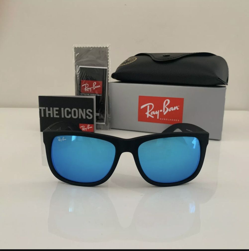 Ray-Ban Justin RB4165 622/55 Matte Black Frame Blue Mirror Lens AUTHENTIC NEW 