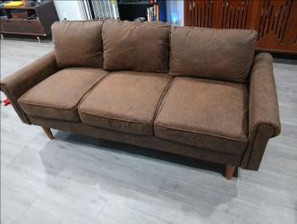 Brown 3-Seat Sofa with Wood Legs