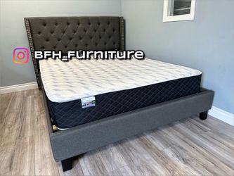 Full Gray Wingback Button Tufted Bed w. Orthopedic Mattress Included