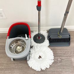 (Brand New) $35 (Combo Set) Broom Dustpan & Spin Mop Wheels Extended Handle with 2pc Microfiber Mop Heads