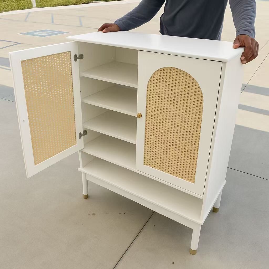 New In Box 29”W x 14”D x 38”H Entryway Rattan Buffet Sideboard Cabinet Cupboard Shelf Dark Reddish Brown Or White