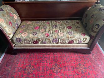 Elegant Carved Wood Loveseat – Silk Floral Upholstery – Imported from Dubai