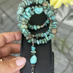 Wyatt Lee Anderson Navajo Turquoise Blue/Green Nuggets & Silver Tripple Wrap Bracelet.