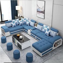 Blue U-Shaped Sectional Sofa Set