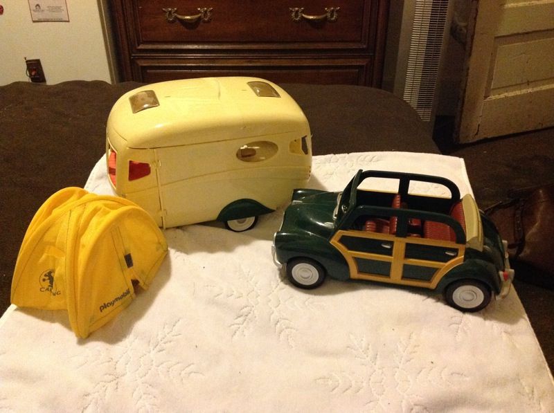 Toy furnished trailer car and tent