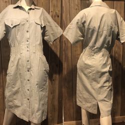 VTG 80s/90s Khaki Button Down, Safari Style Shirt Dress~Short Sleeve Pencil Sz 4