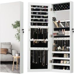 Wall-Mounted Jewelry Armoire w/ Full-Length Mirror – White