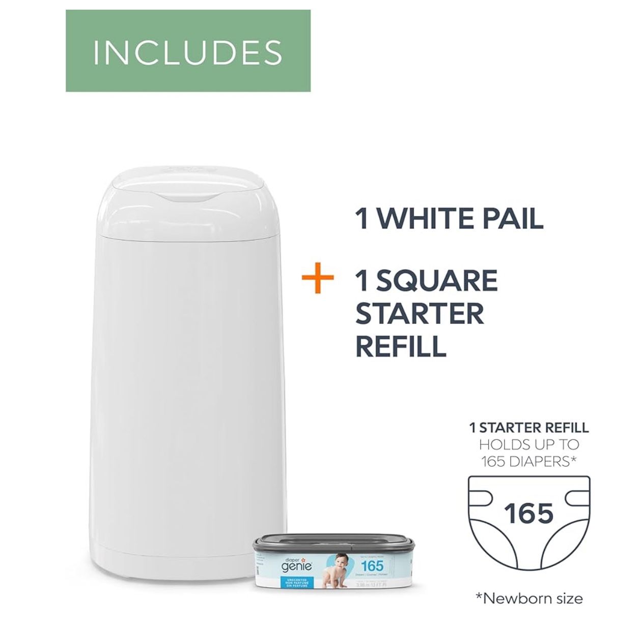 Diaper Genie Classic Pail Includes 1 Starter Square Refill That can Hold up to 165 Newborn-Sized Dia