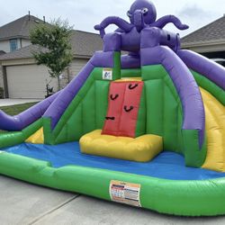 JumpOrange Outdoor Octa Splash Inflatable Bounce House with Blower Dual Slides for Kids