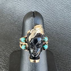Ladies 14k yellow gold black onyx blue turquoise ring