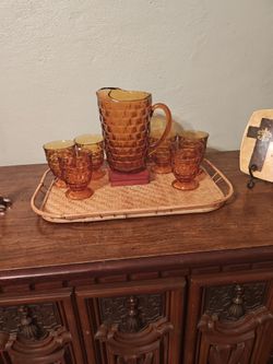 MID CENTURY GOLD AMBER BARWARE SET OF 6