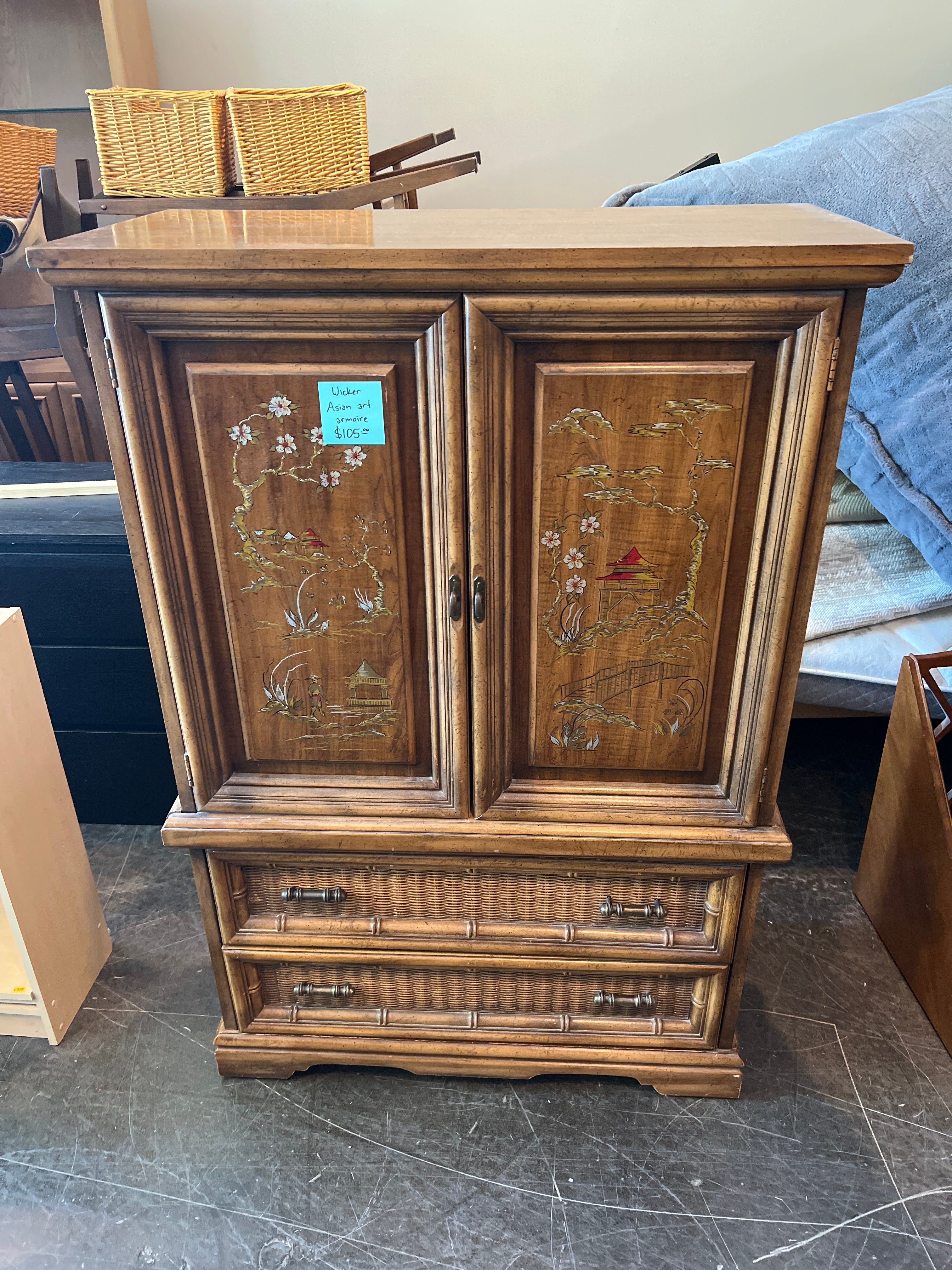 Vintage Bamboo Style Cabinet with Carved Panels