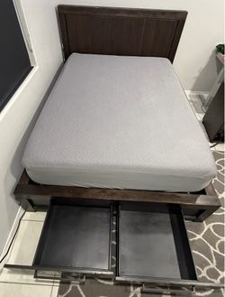 Costco Solid wood brown queen bed frame with storage and 14” Novaform firm foam mattress