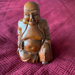 Hand-Carved Wooden Laughing Buddha Figurine